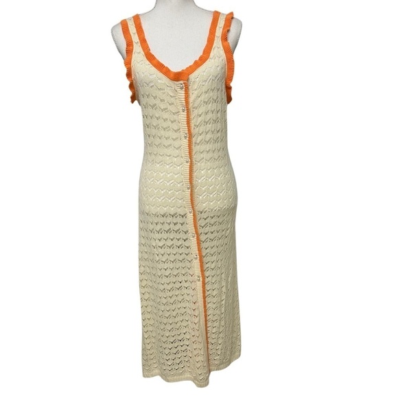 Lost Ink Crochet Duster Button Closure Cream Orange SZ Medium Resort Beach NWT - Picture 2 of 7